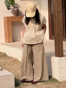 DAZY 2pcs Tween Girls Collared Short Sleeve Shirt And Wide Leg Pants Set, Fall Outfit - Apricot - View 4