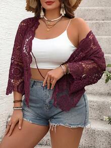 SHEIN CURVE+ Women's Plus Size Solid Color Front Tie Long Sleeve Knit Hollow Out Cardigan, Suitable For Beach Vacation, Bohemian Romantic Style Fall Burgundy - Red Violet - View 6
