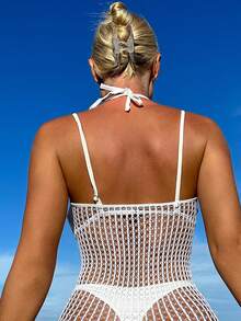 Swim SXY Summer Beach Hollow Out Fishnet Cover Up Bodysuit - White - View 5