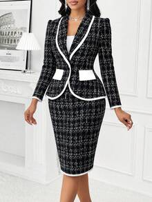 SHEIN Lady طقم بليزر وتنورة أنيق للنساء للذهاب إلى العمل - الأسود - مشاهدة 5