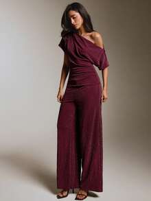 COSMINA Women's Solid Color Asymmetric Shoulder Pleated Top And Pants Casual Daily Set - Burgundy - View 1