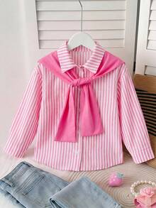 SHEIN Young Girl LMoss 女童寬鬆條紋領口休閒襯衫 - 粉色 - 查看 6