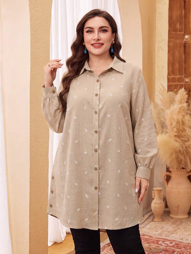 Lacomfia Camisa casual de manga larga con abotonadura sencilla y ajuste holgado para mujer de talla grande - Albaricoque - Añade 7