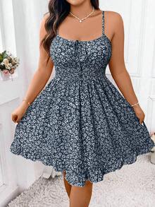 Elenzga Plus Ditsy Floral Print Tie Front Ruffle Hem Cami Dress Vacation Beach Outfits Women - Navy Blue - View 3