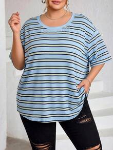 SHEIN CURVE+ Plus Size Camouflage Printed Round Neck Short Sleeved Casual Soft Form T-Shirt Summer 2026 22W Homewear Brunch Office Navy Blue - Blue - View 5