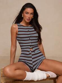 Glamine French Minimalist Brown Knitted Striped Stretch Boat Neck Sleeveless Open Front Regular Fit Women's Tank Top, Suitable For Daily Sports Wear, Outdoor Sports Wear, Single Item Matching - Striped Cut - Brown - View 8