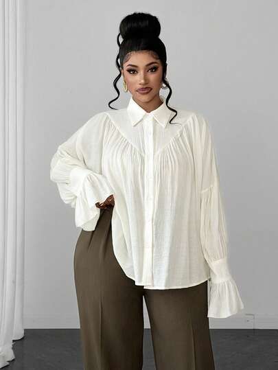 Maweii Plus Size Women Solid Color Pleated Fashion Casual Shirt Fall