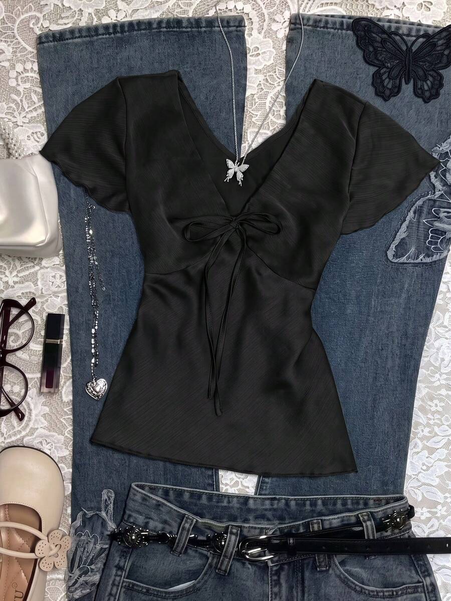 INAWLY Casual Solid Color V-Neck Cinched Waist Women Top - Black - View 1