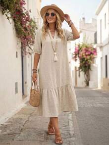 EMERY ROSE Khaki Women's V-Neck Ruffle Hem Short Sleeve Dress - Khaki - View 5