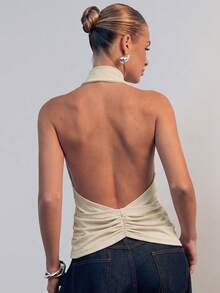 Hauture Asymmetrical Design Sleeveless Halter Top - Apricot - View 2