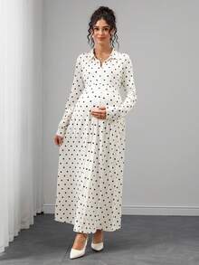 SHEIN Elegant Maternity Polka Dot Print Maternity Commuter Dress Autumn Photoshoot Baby Shower - Apricot - View 3