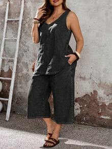 SHEIN EMERY ROSE CURVE Conjunto de 2 piezas de chaleco y pantalones de mezclilla talla grande - Negro - Ver 3