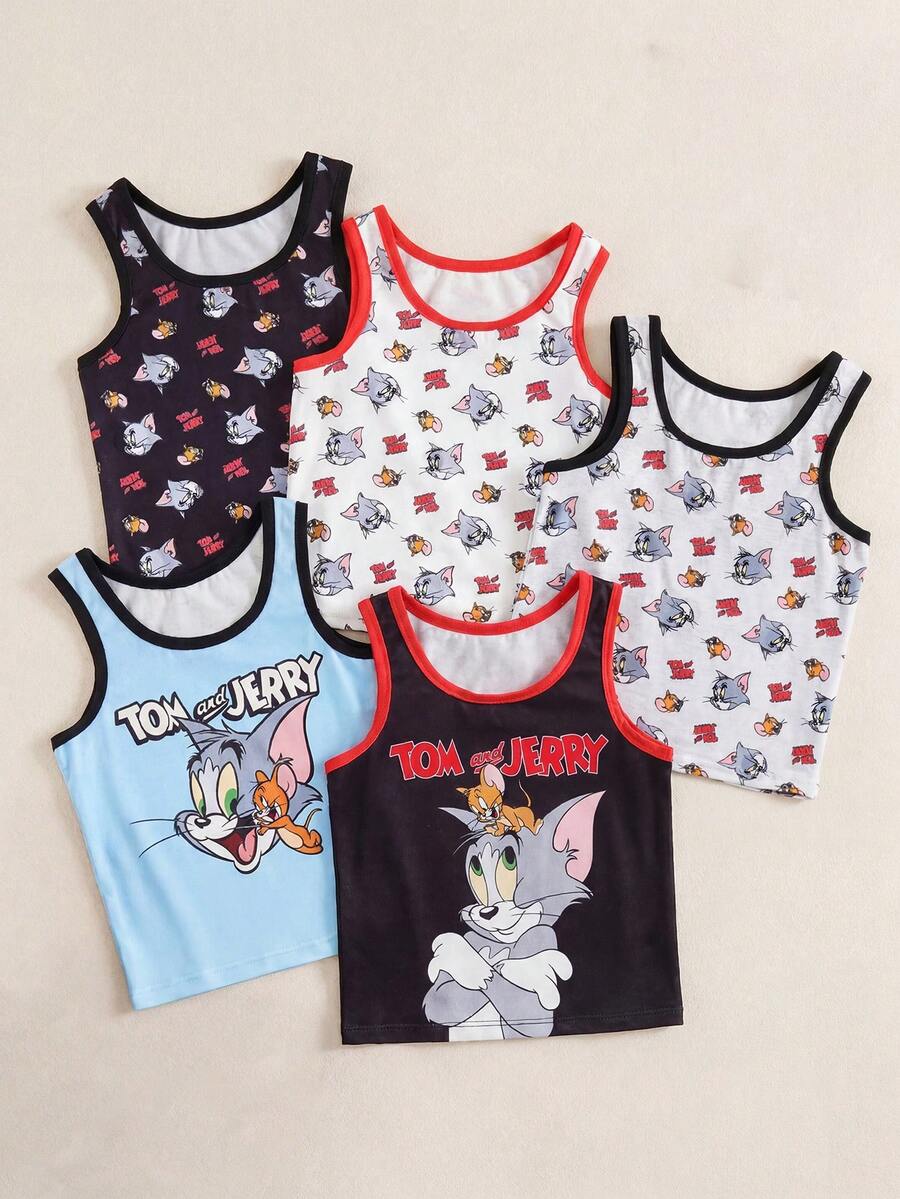 TOM & JERRY X SHEIN 5 件套 男童可爱撞色装饰卡通图案背心汗衫,夏季 - 彩色 - 查看 1