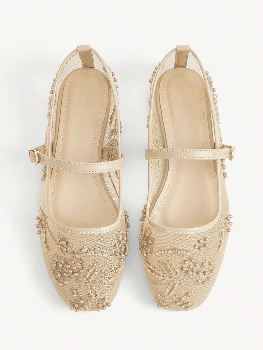 CUCCOO CHICEST 新款圓頭平底卡其色網布刺繡縫珠女鞋 時尚優雅舒適華麗 婚禮宴會鞋 - 卡其色 - 查看 1