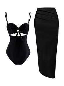 Swim SXY طقم بيكيني شاطئ صيفي جديد للنساء من 3 قطع، يتضمن توب قطعة واحدة مع حمالات سباغيتي من حبل مضفر بتدرج لوني، وتنورة شاطئ برباط جانبي - الأسود - مشاهدة 3