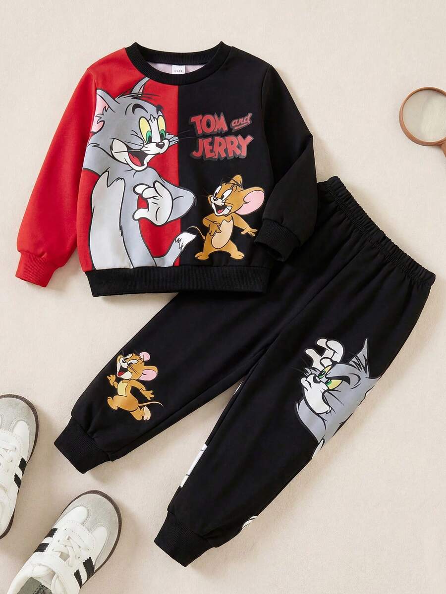TOM & JERRY X SHEIN 2pcs/Set Young Boy Casual Cartoon Animal Print Colorblock Sweatshirt And Sweatpants Set, Spring & Autumn - Black - View 1