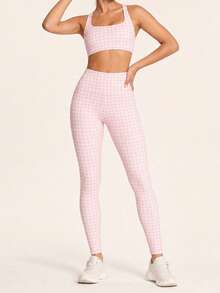 SHEIN BAE Women's Casual Sports Plaid Print Tank Top & Pants Set Perfect Airport Outfit Suitable For Tennis Yoga Studio Pilates Daily Wear Cute Summer Outfits Festival Outfits Beach Outfits Sea Going Out Outfits Women's Gym Clothes Gym Female Gym Set Casual Sets Holiday Outfits Vacation Sportswear Workout Sets Pink Plaid Pattern - Pink - View 8