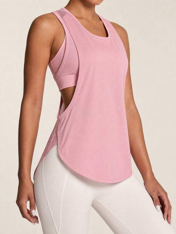 SHEIN BAE Solid Color Hollow Splice Racerback Sports Tank Top