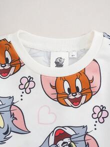 TOM & JERRY X SHEIN بلوزة رياضية كاجوال يومية بطبعة كرتونية وياقة دائرية وأكمام طويلة للفتيات الصغيرات - لون مشمشي - مشاهدة 3