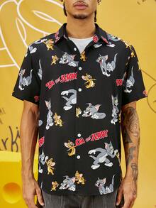 TOM & JERRY X SHEIN 男士休闲宽松编织猫与老鼠徽标印花黑色短袖衬衫 - 黑色 - 查看 3