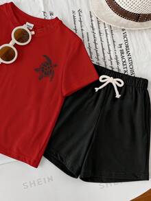 Ensemble d'été décontracté minimaliste pour jeune garçon, t-shirt blanc col rond à manches courtes avec imprimé dos oversize motif tortue de mer dessin animé style vacances, palette de couleurs bleu océan, bord de mer, motif lettres, short bleu, convient pour l'été - Multicolore - Voir 4