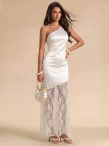 SHEIN Glamour 黑色緞面蕾絲掛脖露背長洋裝，女款不對稱晚禮服 - 黑色 - 查看 3