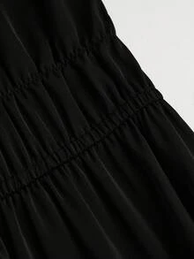 Sweetra Plus Size Deep V-Neck Pleated Short Sleeve Jumpsuit With Faux Pearl Buttons, Straight Leg Pants, Elegant Traditional Retro French Style, Black Summer - Black - View 7