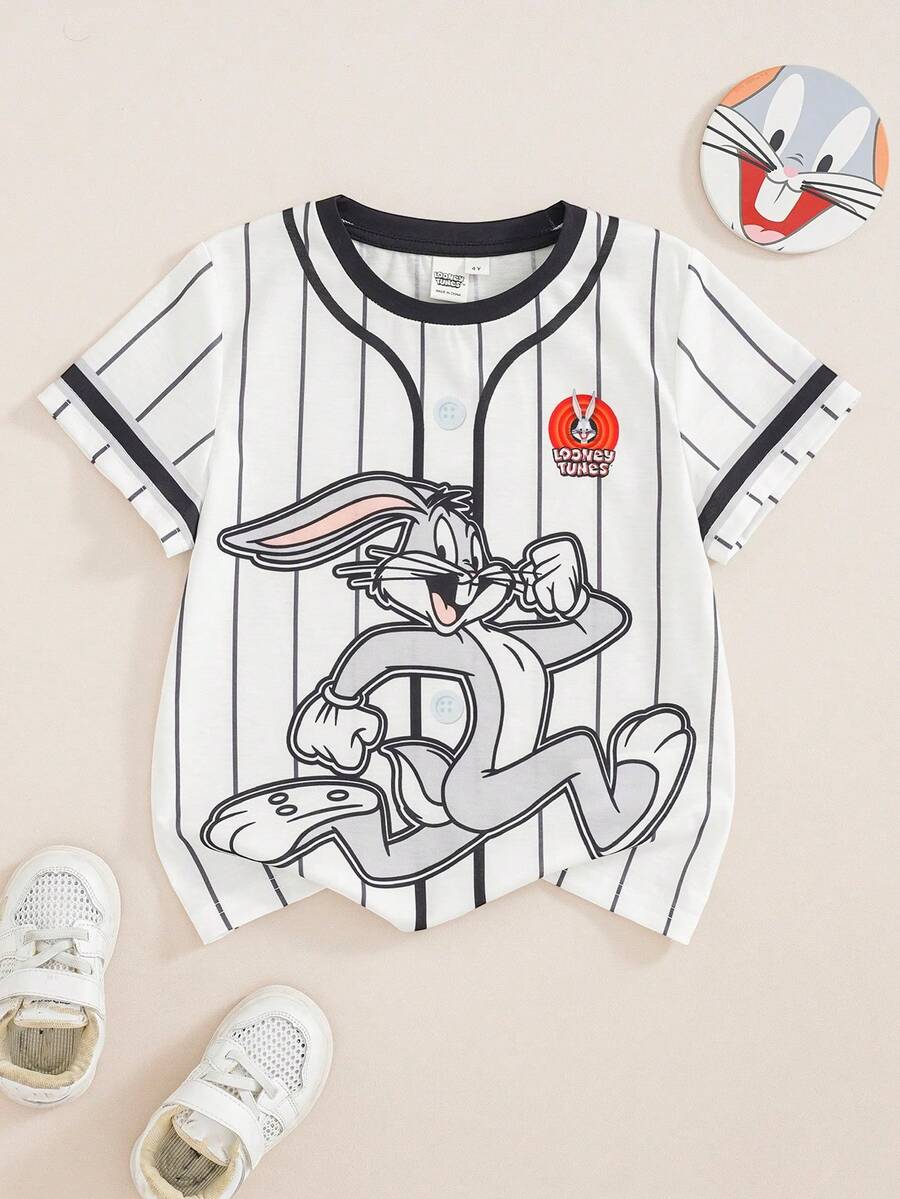 LOONEY TUNES X SHEIN 1件趣味運動風小男孩條紋卡通印花圓領短袖T恤 - 黑與白 - 查看 1