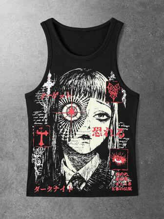 Goth Camiseta sin mangas de moda de verano para hombre con estampado de dibujos animados