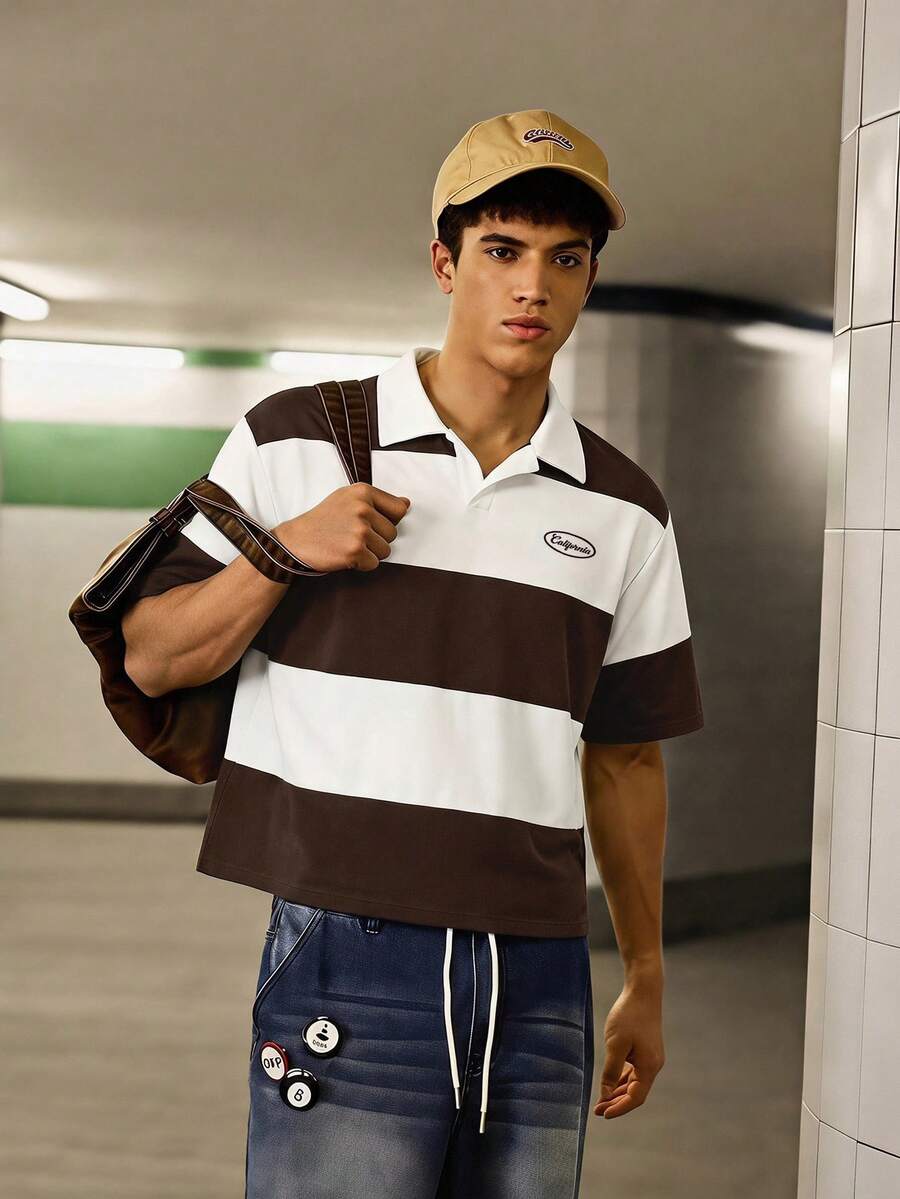 SWAVVY Men's Summer Casual Standard Size Short Sleeve Polo Shirt Blue & White Colorblock Embroidered - Brown - View 1