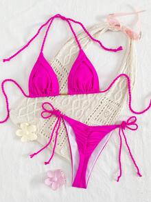 SHEIN New Europe & America Women Summer Beach Outfits, Macrame Tie Solid Color Triangle Bikini Swimwear 2 Pieces Set - Hot Pink - View 2