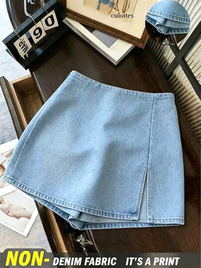 Franclia SHEIN Fashionable And Casual Versatile High-Waisted Slit Mini Skirt, Blue Women's Shorts, Skorts, Summer Bottoms, Early Autumn Outfit, Hot Pants