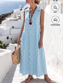 SHEIN Holidaya Women's New Plaid Print V-Neck Sleeveless Casual Loose Elegant Dress, This Fashion Casual Dress Is Suitable For Women's Summer, Vacation, Beach, Graduation Ceremony, Fashion Casual Commute, Business Office, Versatile Fashion Daily Casual, Urban Teacher Professional Wear - Multicolor - View 1