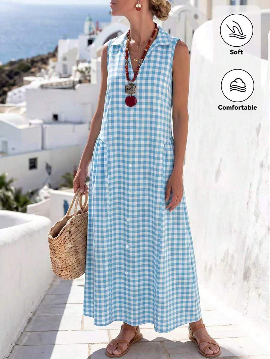 SHEIN Holidaya Women's New Plaid Print V-Neck Sleeveless Casual Loose Elegant Dress, This Fashion Casual Dress Is Suitable For Women's Summer, Vacation, Beach, Graduation Ceremony, Fashion Casual Commute, Business Office, Versatile Fashion Daily Casual, Urban Teacher Professional Wear - Multicolor - View 1