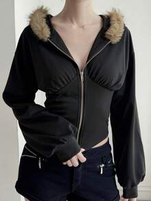 Livesso Women's All Black Fur Collar Hooded Long Sleeve Zip-Up Slim Fit Cropped Waist Dark Punk Goth Style Sweatshirt Autumn Halloween Night Out Club - Black - View 3