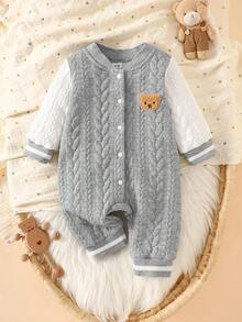 SHEIN 新生兒中性嬰兒 0-3歲 淺藍色按扣前開長袖連身衣 可愛藍白條紋 秋季家庭套裝 羅紋 Polo 休閒秋季穿搭 - 灰色 - 查看 8