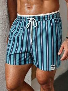 Manfinity KASUA Men's Vacation Drawstring Waist Letter Print Denim Beach Shorts - Green - View 6