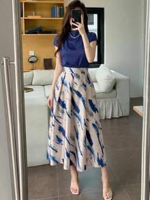 DAZY Women's Elegant Solid Color Draped Neck Top And Contrast Floral A-Line Skirt 2 Pieces Set, Summer - Blue - View 9