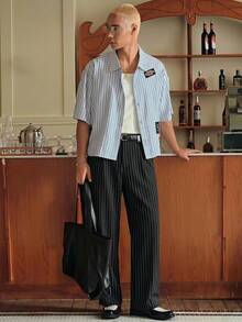 SWAVVY Men's Fashion Commuter Striped Suit Pants - Black and White - View 3