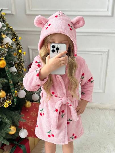 SHEIN Young Girl Cute Comfortable Hooded Robe (With Detachable Belt) Cherry Print Pink Cute Towel Bath Comfy Soft Warm Winter Spring Autumn Casaul