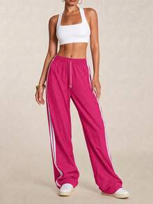 SHEIN BAE Women's Casual Daily Striped Drawstring Waist Sports Pants - Pink - View 3