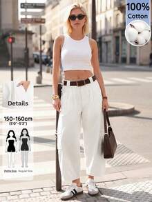 SHEIN PETITE Women's Solid Color Pleated Casual Versatile Daily Travel Long Pants - White - View 9
