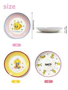 LOONEY TUNES X Joivida 1件陶瓷晚餐盤，可愛格子紋卡通印花圓形瓷盤組，微波爐適用彩色邊餐具，日系可愛裝飾甜點沙拉盤，適合兒童女孩粉絲禮物 - 彩色 - 查看 3