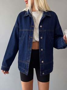SHEIN ICON Women's Loose Casual Long Sleeve Denim Jacket - Black - View 6
