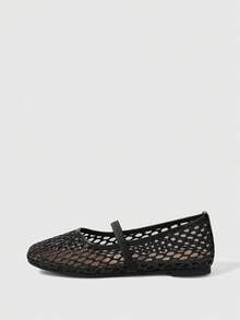Sleekvia Zapatos Mary Jane de mujer de moda popular de verano, tejido simple con huecos transpirables, sin cordones, punta cuadrada, suela plana, multicolor - Negro - Ver 5