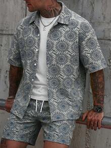 Manfinity CasualCool Men's Casual Jacquard Shirt And Shorts Set - Dusty Blue - View 6