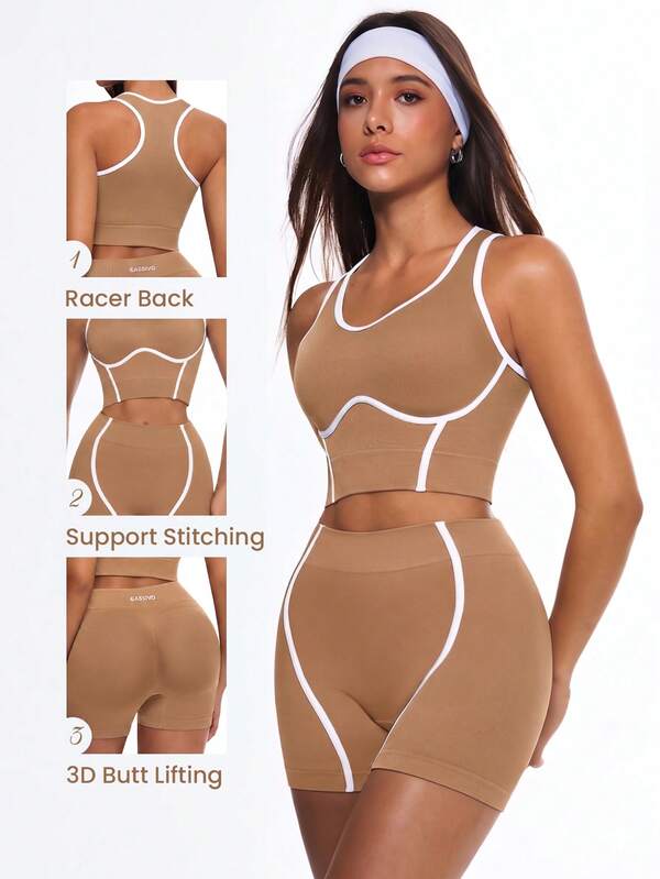 Dewbera Dewbera Conjunto deportivo de fitness, yoga y aeróbicos sin costuras de alta elasticidad con contraste de color para mujer