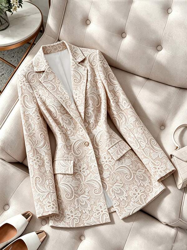 SHEIN Franclia ملابس مكتبية للنساء: بليزر بطبعة دانتيل مزيفة (مناسب للربيع/الصيف والخريف/الشتاء)