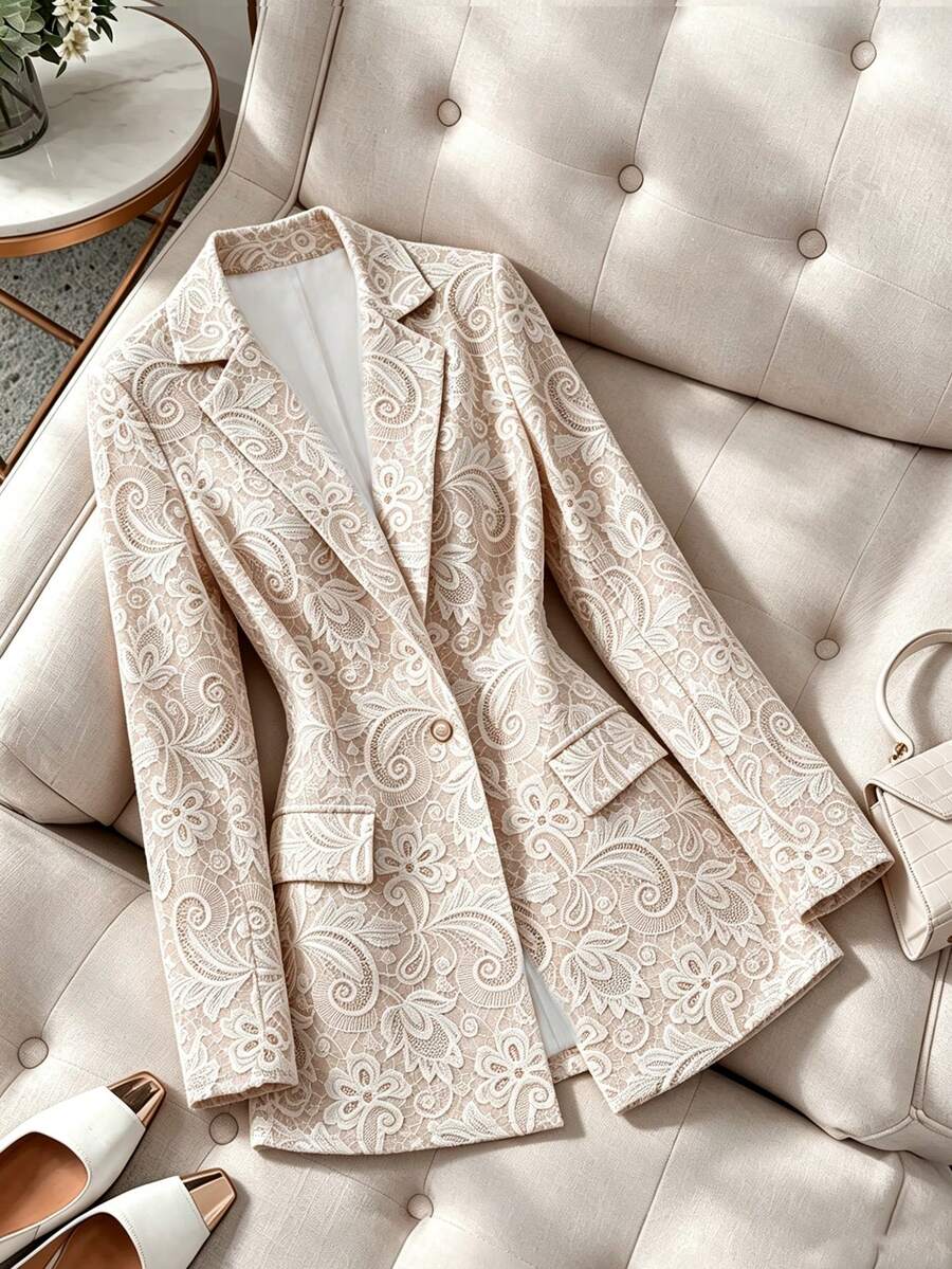 SHEIN Franclia 女款辦公套裝:仿蕾絲印花西裝外套(適合春夏與秋冬) - 彩色 - 查看 1