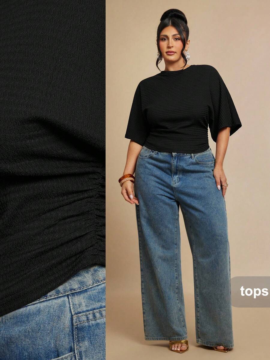 SHEIN BAE Plus Size Women Solid Color Casual Versatile Daily Wear T-Shirt Fall - Black - View 1